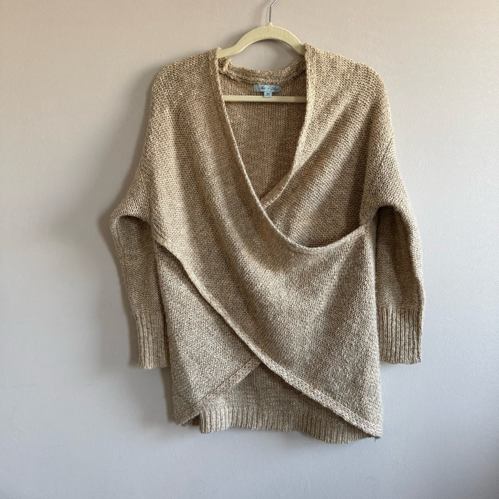 Oversized Tan Knit Wrap High Low Relaxed Neutral Casual Sweater Women size M